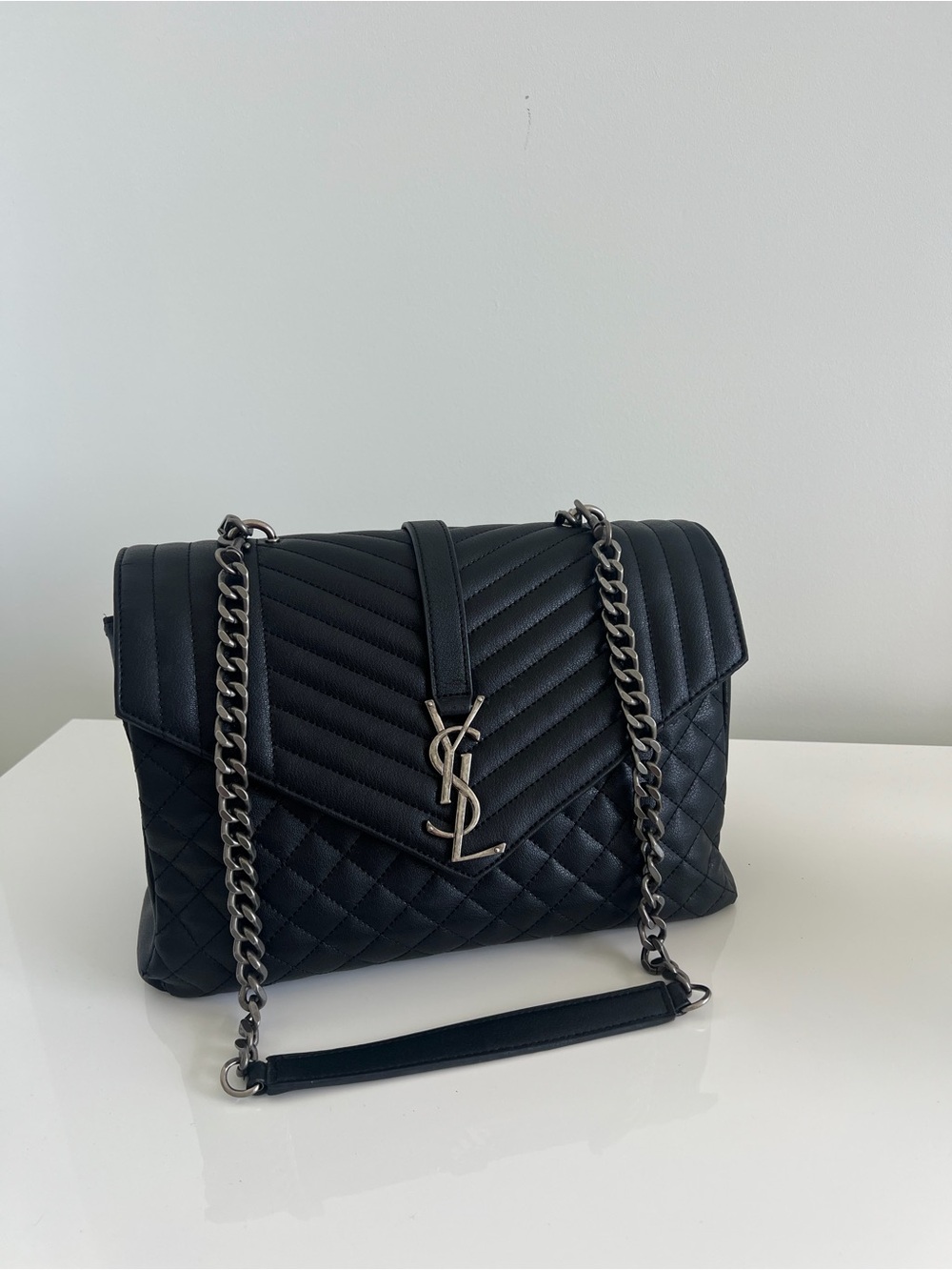 Saint Laurent Black Quilted Leather Chain Shoulder Bag with YSL Logo
